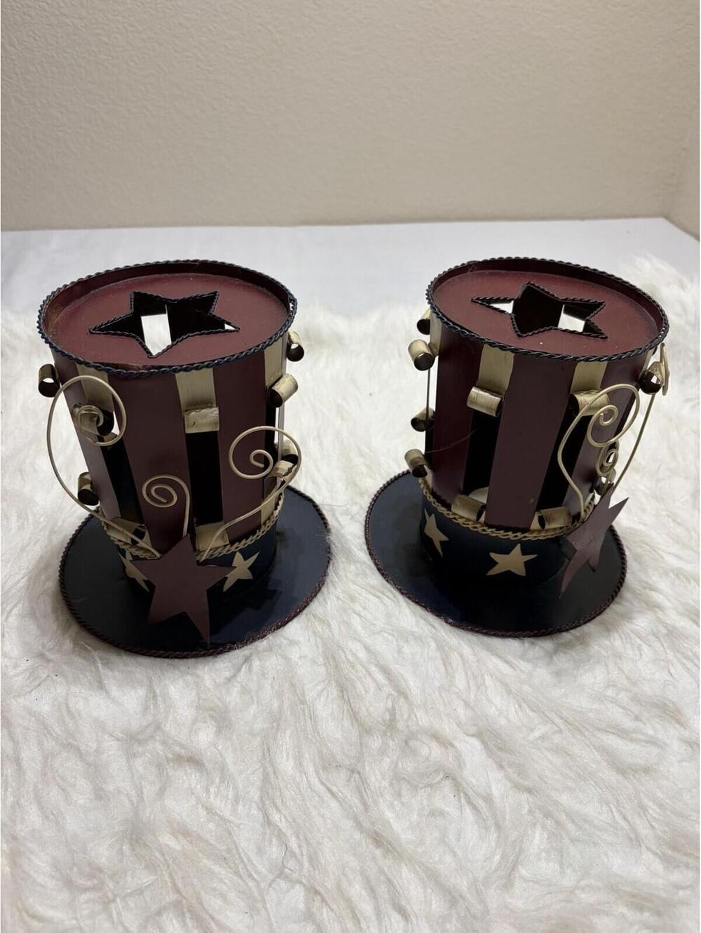 2 Metal Patriotic American Candle Holders Red, White & Blue-Looks Like Top Hat